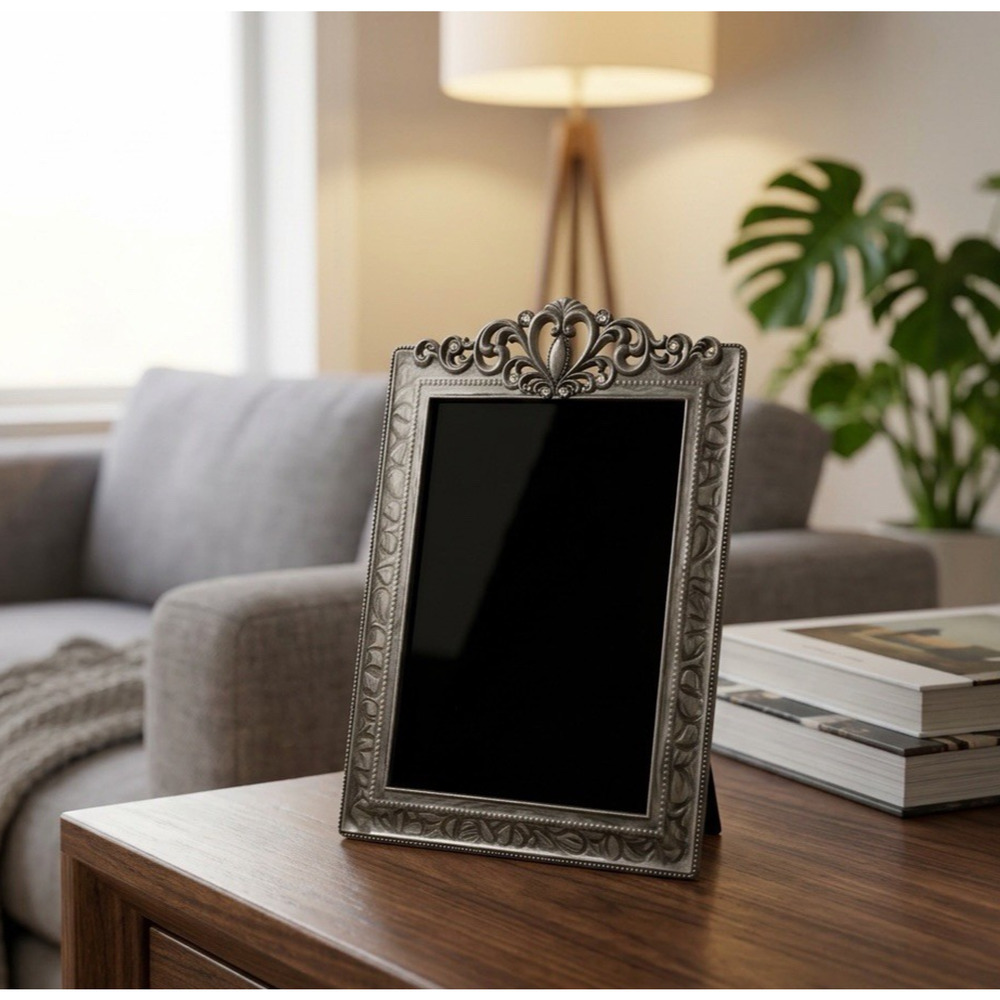 Ornate Silver Photo Frame Victorian Scroll Metal Look Black Velvet Easel 5"x7"